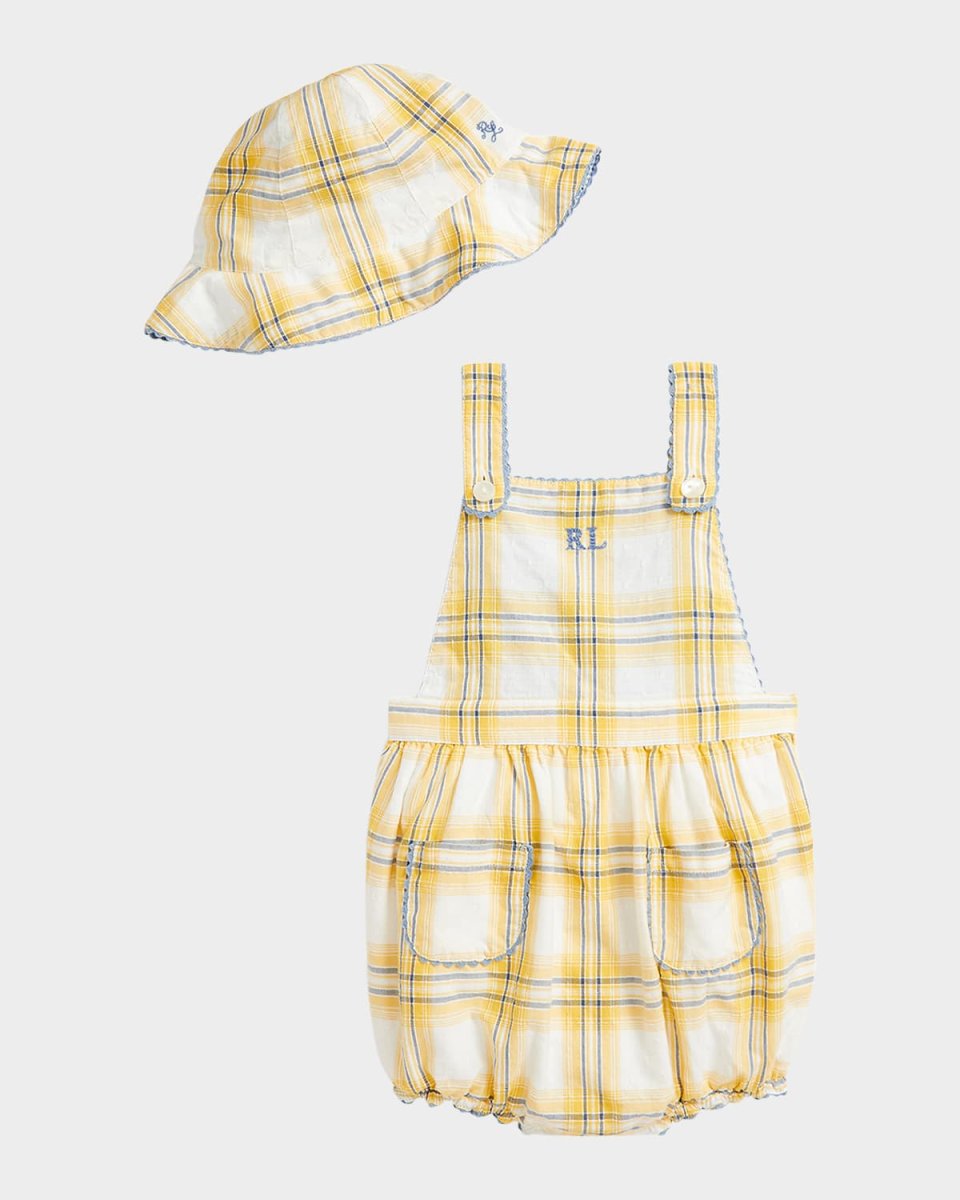 Girl's Plaid Dobby Cotton Shortalls, Size 3M-24